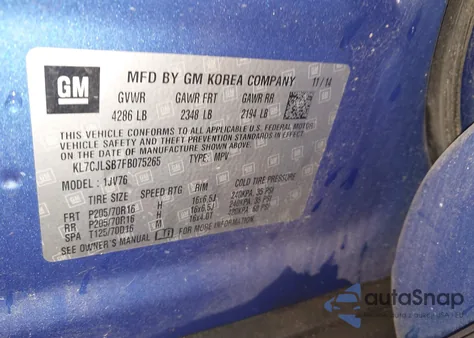 2015 Chevrolet Trax Lt from USA, damaged, VIN KL7CJLSB7FB075265